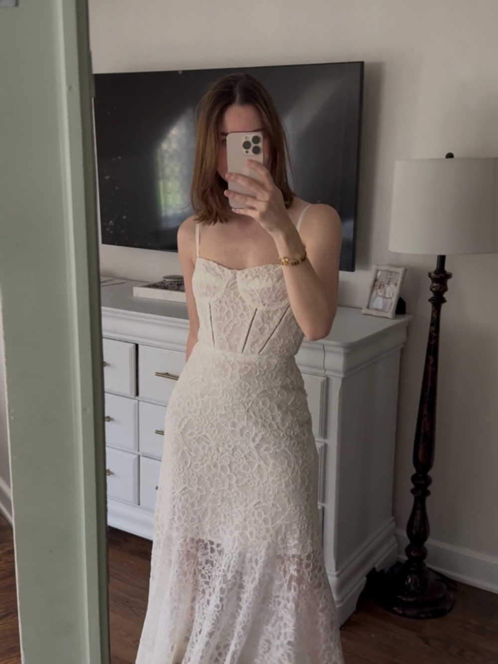 Jonathan Simkhai Cream Lace Midi Dress with Spaghetti Straps